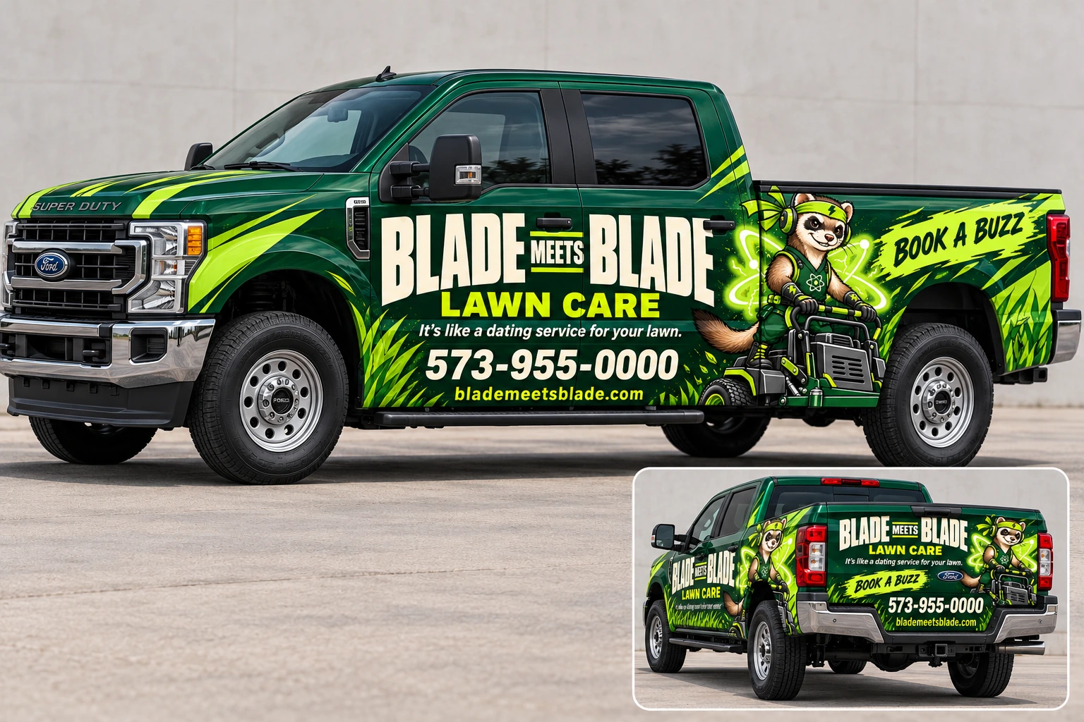 Matching forest-green and lime Ford pickup wrap concept with Blade Meets Blade across the doors, 573-955-0000, and Blade on the bed