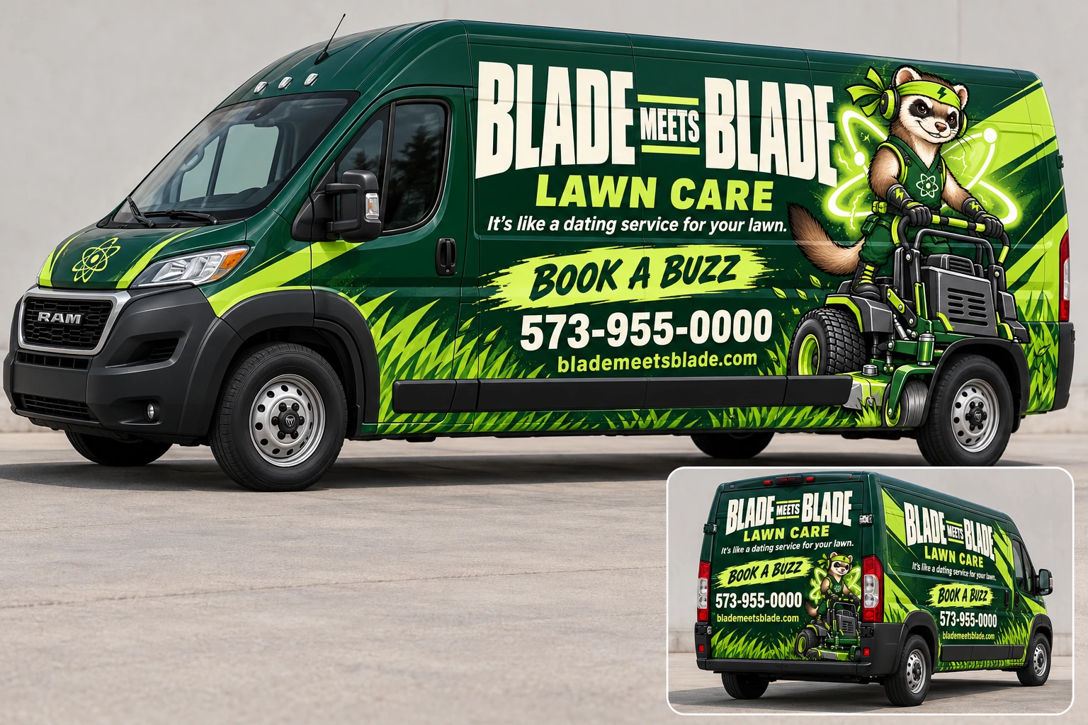 Forest-green and lime Ram van wrap concept with Blade Meets Blade lawn care branding, Book a Buzz, 573-955-0000, and Blade riding a mower