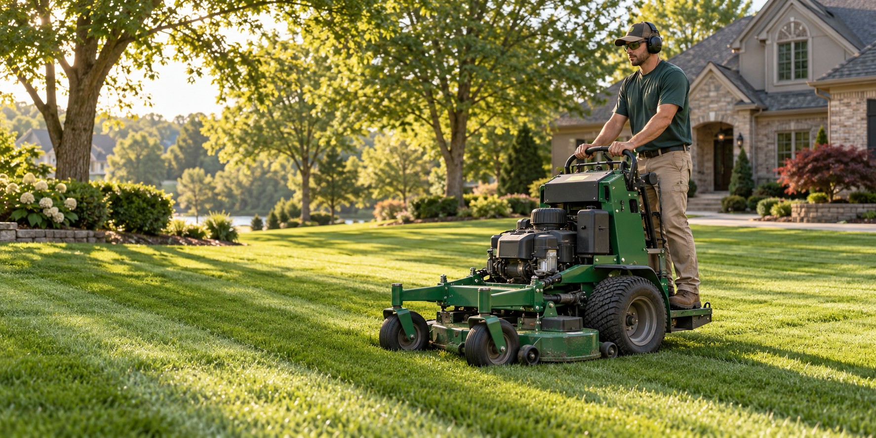 Lawn care professional using a compact stand-on mower on a striped residential lawn