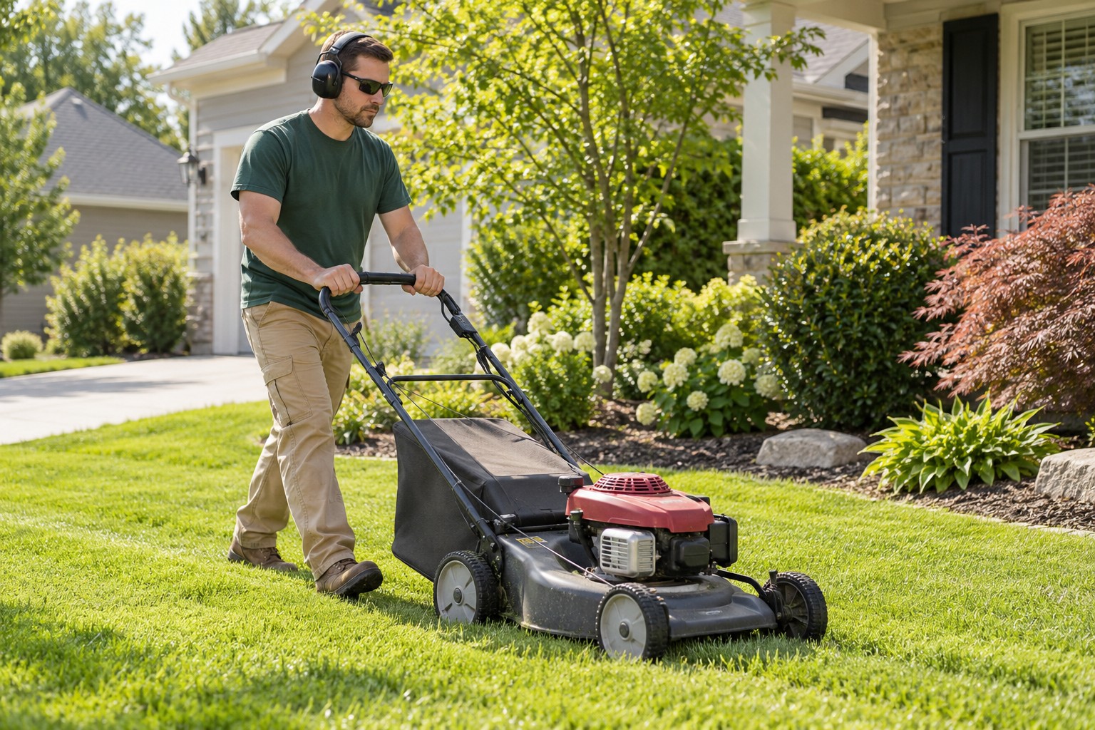 Worker push mowing a residential lawn